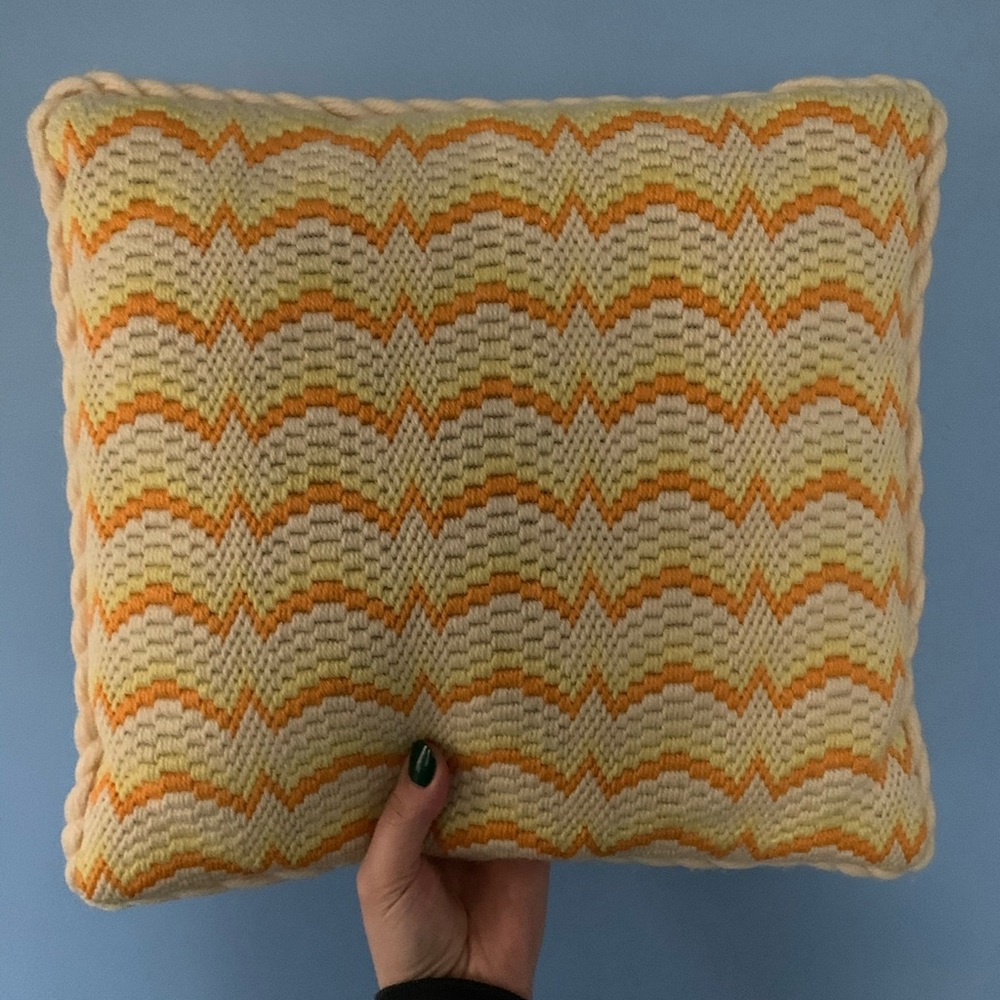 Vintage 1970s Mod Yellow Crocheted Accent Pillow